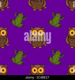 Motivo vettoriale senza cuciture con adorabili gufi dei cartoni animati con tasti dorati e giocose rane verdi su un vivace sfondo viola, ideale per Hallowee Illustrazione Vettoriale