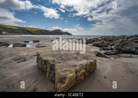 Grande roccia rivelata durante la bassa marea a Crackington Haven in Cornovaglia Foto Stock