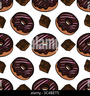 Un motivo vettoriale senza cuciture con ciambelle al cioccolato con glassa rosa e pezzi di cioccolato fondente su sfondo bianco. Illustrazione Vettoriale