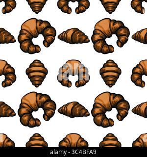 Un motivo vettoriale senza cuciture caratterizzato da varie forme di croissant in uno stile disegnato a mano, su sfondo bianco. I croissant sono raffigurati in sh Illustrazione Vettoriale