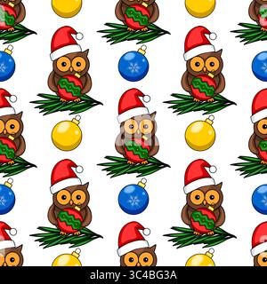 Motivo vettoriale senza cuciture con adorabili gufi nei cappelli di Babbo Natale, ornamenti natalizi e arroccati su rami di pino, per creare un'atmosfera festosa e allegra Illustrazione Vettoriale