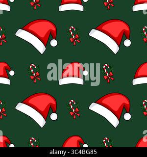 Motivo vettoriale senza cuciture con cappelli di Babbo Natale, bastoncini di caramelle e fiocchi su sfondo verde scuro, ideale per le feste natalizie. Illustrazione Vettoriale
