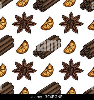 Motivo vettoriale senza cuciture di bastoncini di cannella disegnati a mano, anice stellato e fette di arancio, ideale per le feste invernali e per le confezioni natalizie. Illustrazione Vettoriale