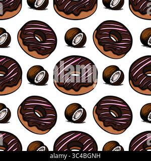 Un motivo vettoriale senza cuciture con varie ciambelle con glassa al cioccolato e glassa rosa, insieme a prelibatezze rotonde ricoperte di cioccolato. Il progetto è PL Illustrazione Vettoriale