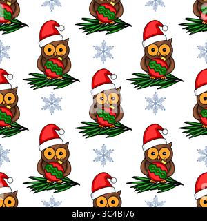 Motivo vettoriale senza cuciture di gufi carini nei cappelli di Babbo Natale che reggono baubles natalizie, annidati su rami di abete, intervallati da fiocchi di neve su uno sfondo bianco Illustrazione Vettoriale