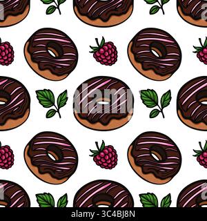 Un motivo vettoriale senza cuciture con ciambelle al cioccolato con glassa rosa, circondate da lamponi e foglie di menta verde su sfondo bianco. Illustrazione Vettoriale