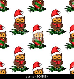 Motivo vettoriale senza cuciture con adorabili gufi dei cartoni animati nei cappelli di Babbo Natale, con ornamenti natalizi, arroccati su rami verdi festosi, per creare una chee Illustrazione Vettoriale