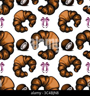 Un motivo vettoriale senza cuciture con croissant e tartufi di cioccolato, con archi rosa decorativi. Il design è giocoso e adatto per il cibo Illustrazione Vettoriale