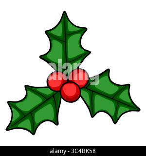 Immagine vettoriale di un ramoscello stilizzato con tre bacche rosse, con contorni audaci e vivaci colori verde e rosso, ideale per Chri Illustrazione Vettoriale