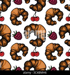 Un motivo vettoriale senza cuciture con croissant, ciliegie e uva su sfondo bianco. I croissant sono dorati, mentre i frutti aggiungono vib Illustrazione Vettoriale