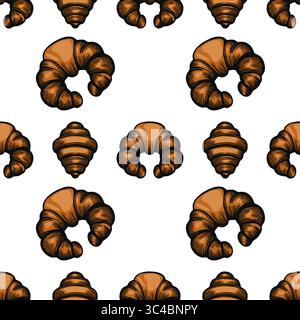 Un motivo vettoriale senza cuciture con croissant disegnati a mano e dolci a forma di conchiglia su sfondo bianco. I dolci sono illustrati in un ricco fratello Illustrazione Vettoriale