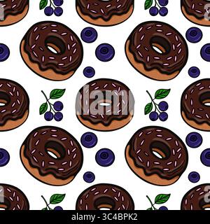 Un motivo vettoriale senza cuciture con ciambelle al cioccolato con spruzzette viola, circondate da mirtilli e foglie verdi su sfondo bianco. Illustrazione Vettoriale