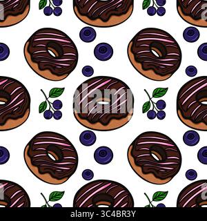 Un motivo vettoriale senza cuciture con ciambelle al cioccolato con glassa rosa, circondate da mirtilli e foglie verdi su sfondo bianco. Illustrazione Vettoriale
