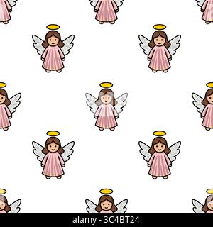 Motivo vettoriale senza cuciture di adorabili angeli cartoni animati con abiti rosa, ali bianche e aloni dorati, perfetto per il Natale o i disegni religiosi. Illustrazione Vettoriale