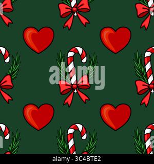 Motivo natalizio vettoriale senza cuciture con canne di caramelle, cuori e fiocchi su sfondo verde scuro, perfetto per le feste e le vacanze invernali. Illustrazione Vettoriale