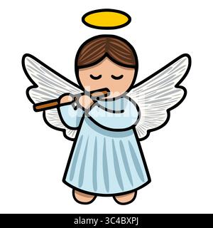 Adorabile illustrazione vettoriale di un angelo cherubico che suona un flauto, con una veste azzurra, ali dettagliate e un alone dorato, perfetto per Christma Illustrazione Vettoriale