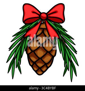 Immagine vettoriale festosa di un cono di pino adornato da un fiocco rosso vivace e lussureggianti rami di pino verde, perfetto per i progetti di vacanza. Illustrazione Vettoriale