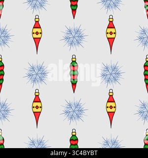Motivo vettoriale senza cuciture con ornamenti natalizi stilizzati in rosso, verde e giallo, intervallati da fiocchi di neve azzurri su un dorso grigio pallido Illustrazione Vettoriale