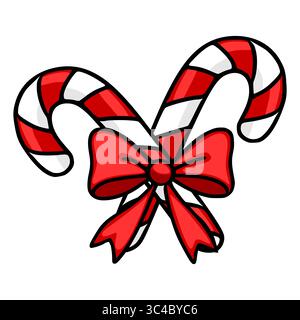 Immagine vettoriale natalizia di due canne di caramelle legate insieme a un fiocco rosso vibrante, che mostra un allegro spirito natalizio con contorni e glo audaci Illustrazione Vettoriale