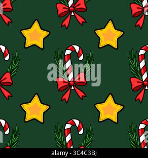 Motivo natalizio vettoriale senza cuciture con canne di caramelle con fiocchi rossi, rametti di abete e stelle dorate su sfondo verde scuro, ideale per le feste Illustrazione Vettoriale