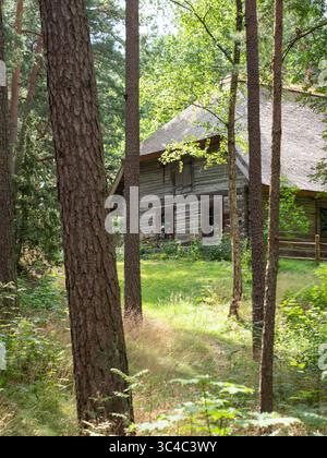 Casa tradizionale in legno presso il Museo Etnografico all'aperto lettone in una pineta vicino a riga, Lettonia Foto Stock