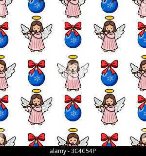 Motivo natalizio vettoriale senza cuciture con adorabili angeli che suonano flauti e baubles blu con fiocchi rossi, per creare un design accattivante e festoso Illustrazione Vettoriale
