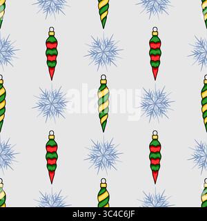 Motivo vettoriale senza cuciture con ornamenti natalizi stilizzati in verde, rosso e giallo, intervallati da fiocchi di neve azzurri su un retro grigio chiaro Illustrazione Vettoriale
