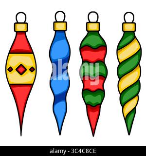 Set di quattro ornamenti vettoriali per alberi di Natale con motivi colorati unici: Rosso, blu, verde e verde-giallo a spirale. Illustrazione Vettoriale