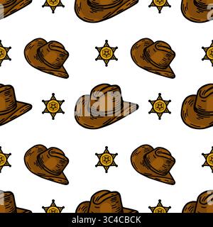 Un motivo vettoriale ripetuto con cappelli da cowboy e stemmi dello sceriffo, illustrato in uno stile giocoso. Il design è adatto per tessuti e pareti Illustrazione Vettoriale