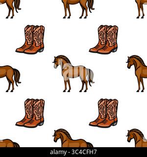 Un motivo vettoriale ripetuto con cavalli in stile cartoni animati e stivali da cowboy su sfondo bianco. I cavalli sono marroni con una posizione giocosa, W Illustrazione Vettoriale