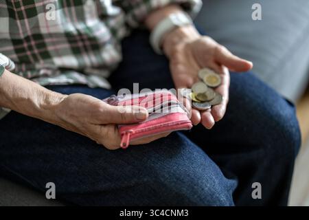 Primo piano delle mani di una donna anziana che tiene una moneta Foto Stock