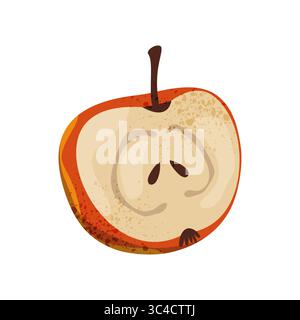 Icona vettoriale della mela autunnale affettata. Cibo sano o frutta commestibile naturale. Nutrizione vegetariana e vegetariana o vitamine organiche. Alimentari e pasti, simbolo del mercato degli spuntini. Biologia, botanica, agricoltura Illustrazione Vettoriale