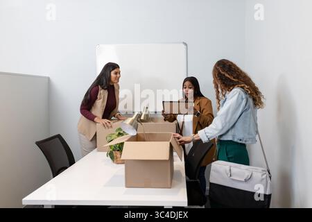Diverse collaboratrici che disimballano la lampada da scrivania e la pianta in vaso dalla scatola di cartone in un piccolo ufficio Foto Stock