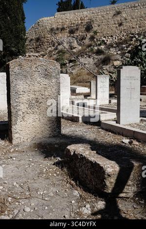 8 agosto 2018 - Gerusalemme, Israele - tomba di Sir William Matthew Flinders Petrie, (1853-1942), un pioniere inglese della metodologia sistematica in archeologia e conservazione dei manufatti. Sotto il patrocinio dell'Istituto tedesco di archeologia protestante, sono in corso scavi sul monte Sion nell'area del cimitero protestante prussiano anglicano, compresa la cosiddetta porta dell'Essene, concentrandosi sulle aree interne delle mura della città e sull'insediamento dell'antica Gerusalemme tra l'VIII secolo a.C. e il 747 d.C. (Immagine di credito: © Nir Alon via ZUMA Wire) Foto Stock