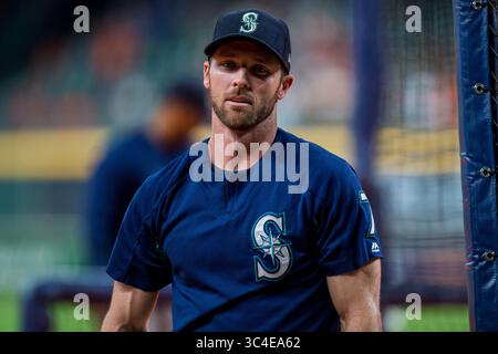 10 agosto 2018: L'interbase dei Seattle Mariners Andrew Romine (7) prima di una partita di baseball della Major League tra Houston Astros e Seattle Mariners nella notte degli anni '1970 al Minute Maid Park di Houston, Texas. I Mariners hanno vinto la partita 5 a 2...Trask Smith/CSM(Credit Image: &Copy; Trask Smith/CSM via ZUMA Wire) Foto Stock
