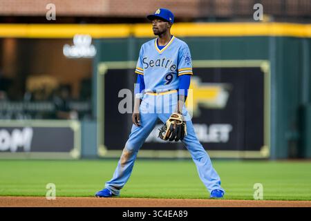 10 agosto 2018: Dee Gordon (9) seconda base dei Seattle Mariners durante una partita di baseball della Major League tra Houston Astros e Seattle Mariners nella notte degli anni '1970 al Minute Maid Park di Houston, Texas. I Mariners hanno vinto la partita 5 a 2...Trask Smith/CSM(Credit Image: &Copy; Trask Smith/CSM via ZUMA Wire) Foto Stock