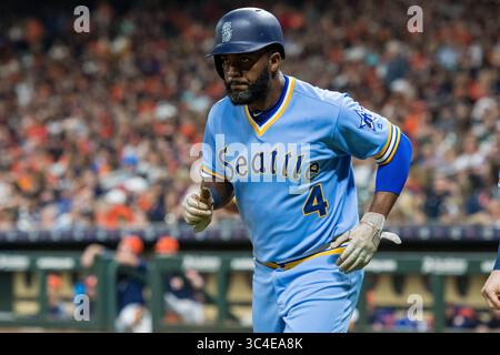 10 agosto 2018: I Seattle Mariners lasciarono Denard Span (4) durante una partita di baseball della Major League tra Houston Astros e Seattle Mariners nella notte degli anni '1970 al Minute Maid Park di Houston, Texas. I Mariners hanno vinto la partita 5 a 2...Trask Smith/CSM(Credit Image: &Copy; Trask Smith/CSM via ZUMA Wire) Foto Stock