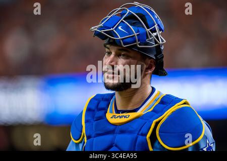 10 agosto 2018: Il ricevitore dei Seattle Mariners Mike Zunino (3) durante una partita di baseball della Major League tra Houston Astros e Seattle Mariners nella notte degli anni '1970 al Minute Maid Park di Houston, Texas. I Mariners hanno vinto la partita 5 a 2...Trask Smith/CSM(Credit Image: &Copy; Trask Smith/CSM via ZUMA Wire) Foto Stock