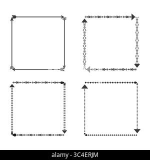 Bordi quadrati monocromatici. Frecce e ornamenti. Angoli delle frecce decorativi. Illustrazione Vettoriale