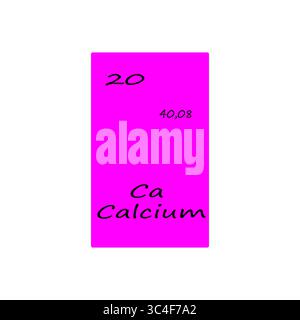 Illustrazione dell'elemento di calcio. Venti numeri atomici. Simbolo chimico CA. Sfondo vettoriale magenta. Illustrazione Vettoriale