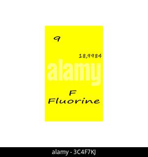 Illustrazione dell'elemento fluoro. Nove numeri atomici. Simbolo chimico F. sfondo vettoriale giallo. Illustrazione Vettoriale