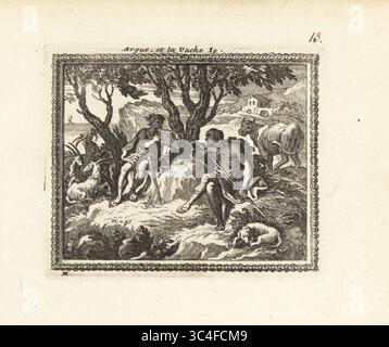 Mercurio spinge la guardia Argus a dormire con la musica sulle panpipe, prima del suo omicidio e trasformazione in pavone. Hera aveva fatto in modo che Argus proteggesse io da Zeus. Io mortale era stato trasformato in una mucca e incatenato ad un olivo sacro. Argus et la Vache io. Incisione Copperplate di Francois Chauveau da Metamorphoses d’Ovide en rondeaux, Metamorphoses di Ovidio, chez Audran, Parigi, 1676. Foto Stock