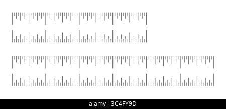 Set di scale righello, tabella di misurazione con 4 e 6 pollici. Modello di attrezzo per cucire da quattro e sei pollici. Misurazione della lunghezza distanza, altezza, matematica. Illustrazione Vettoriale