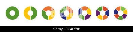 Infografica sui diagrammi multicolore. Grafico della sezione circolare. Ruote divise in sezioni. Grafici di ciambelle multicolore, torte segmentate da 1 a 7 uguali Illustrazione Vettoriale