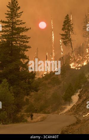 11 agosto 2018 - Sonora, CALIFORNIA, Stati Uniti d'America - fiamme e fumo trasformano il giorno in notte presso il Taylor Creek e gli incendi di Klondike che bruciano nel Rogue River Siskiyou National Forest 11 agosto 2018 vicino a Grants Pass, Oregon. (Immagine di credito: © Kari Greer via ZUMA Wire) Foto Stock