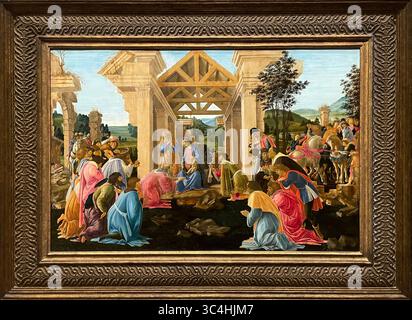 Pittura a olio rinascimentale: L'Adorazione dei Magi, di Sandro Botticelli, 1478 Foto Stock