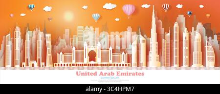Viaggia verso i luoghi di interesse asiatici degli Emirati Arabi Uniti con architettura sullo sfondo del paesaggio urbano. Viaggia negli Emirati Arabi Uniti con un edificio moderno, lo skyline, il grattacielo, l'autobus Illustrazione Vettoriale