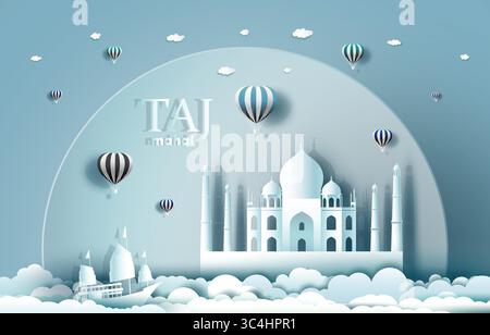 Arte moderna, simbolo, logo. Serie di monumenti famosi in tutto il mondo: Taj Mahal, la principale attrazione turistica di Agra e l'antico palazzo in India, illustrazione vettoriale Illustrazione Vettoriale