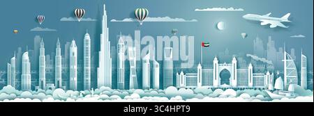 Viaggiando negli Emirati Arabi Uniti con un edificio moderno, lo skyline, il grattacielo, la brochure Business dal design moderno. Viaggiate nei luoghi di interesse asiatici degli Emirati Arabi Uniti con archi Illustrazione Vettoriale