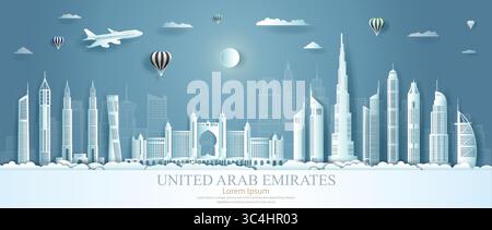 Viaggia verso i luoghi di interesse asiatici degli Emirati Arabi Uniti con architettura sullo sfondo del paesaggio urbano. Viaggia negli Emirati Arabi Uniti con un edificio moderno, lo skyline, il grattacielo, l'autobus Illustrazione Vettoriale